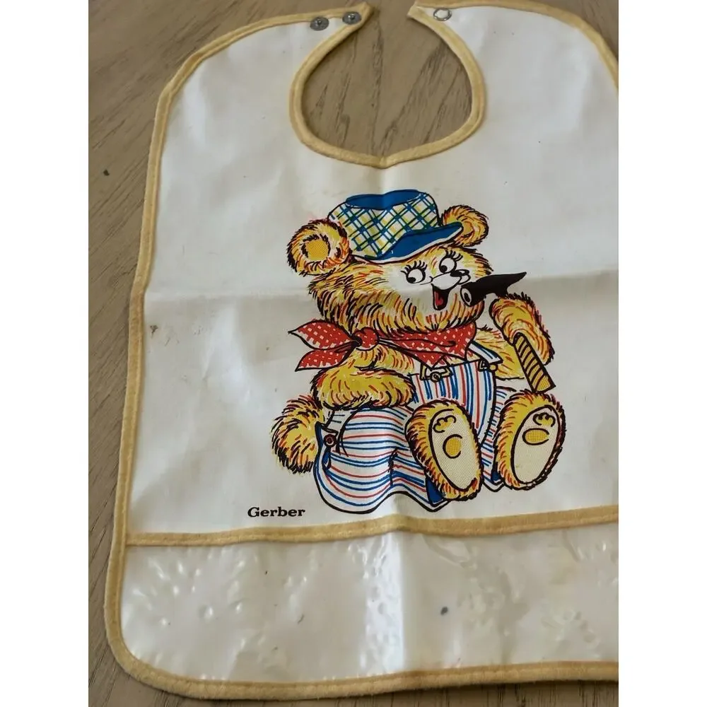 VTG Gerber Bear Toddler Plastic Snap On Vinyl Bib W/Crumb Catcher Pocket 60s 70s